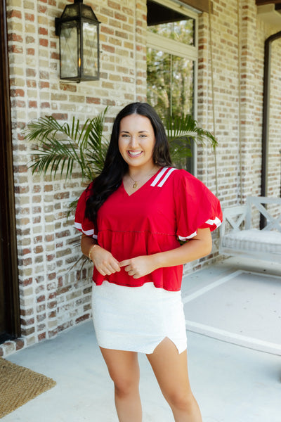 Queen Of Sparkles Red & White Jersey Peplum Top