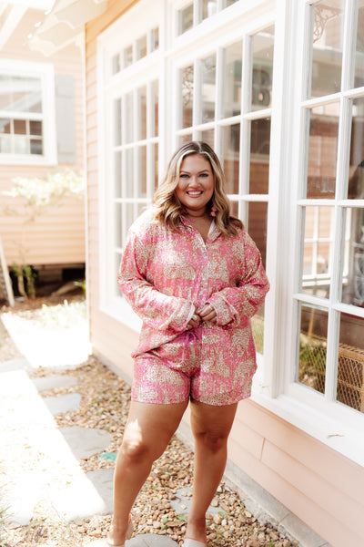 Pink Sequin Cheetah Button Down and Short Set