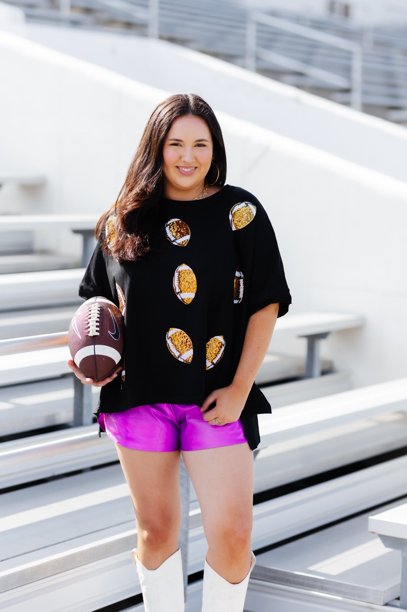 Black Oversized Game Day Sequin Gold Football Tee