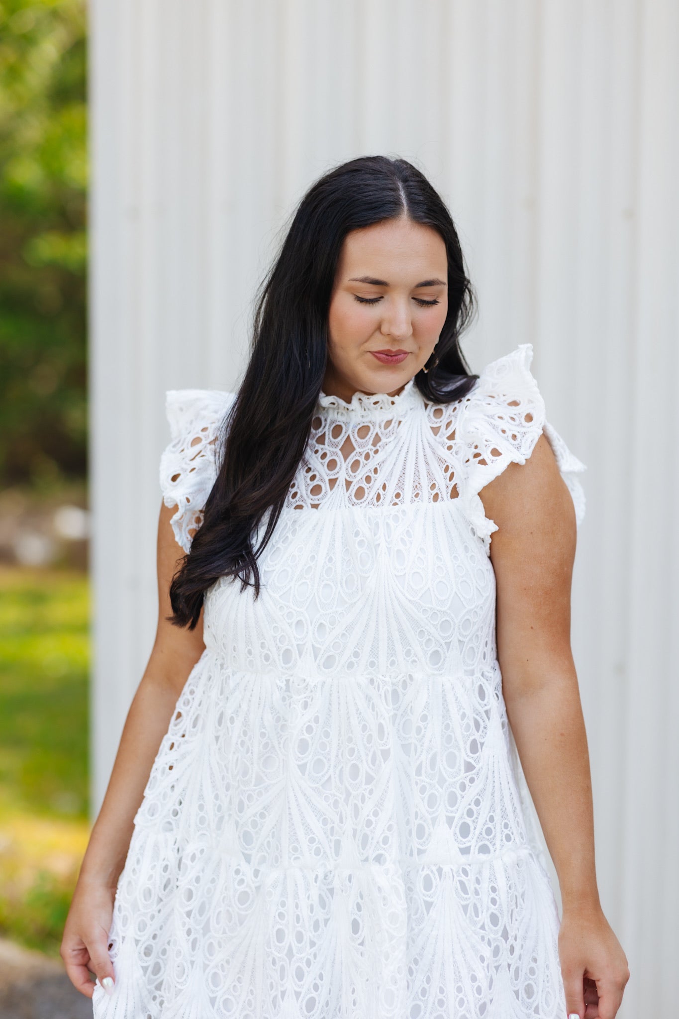 Off White Crochet Ruffle Neck Tiered Dress
