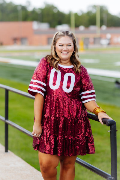 Crimson and White Sequin Babydoll Jersey Dress