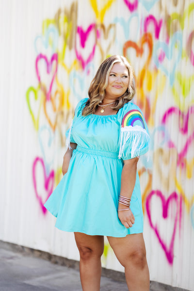Sky Blue Sequin Fringed Rainbow Patch Skater Dress