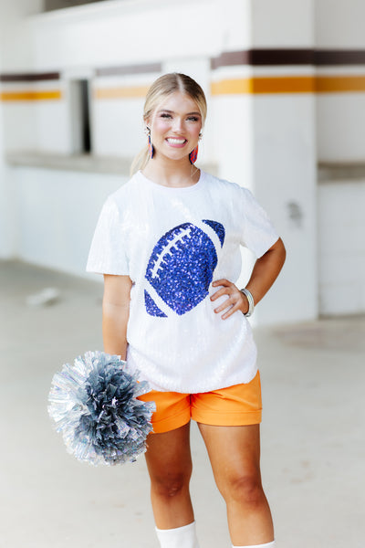 White and Royal Sequin Football Tee
