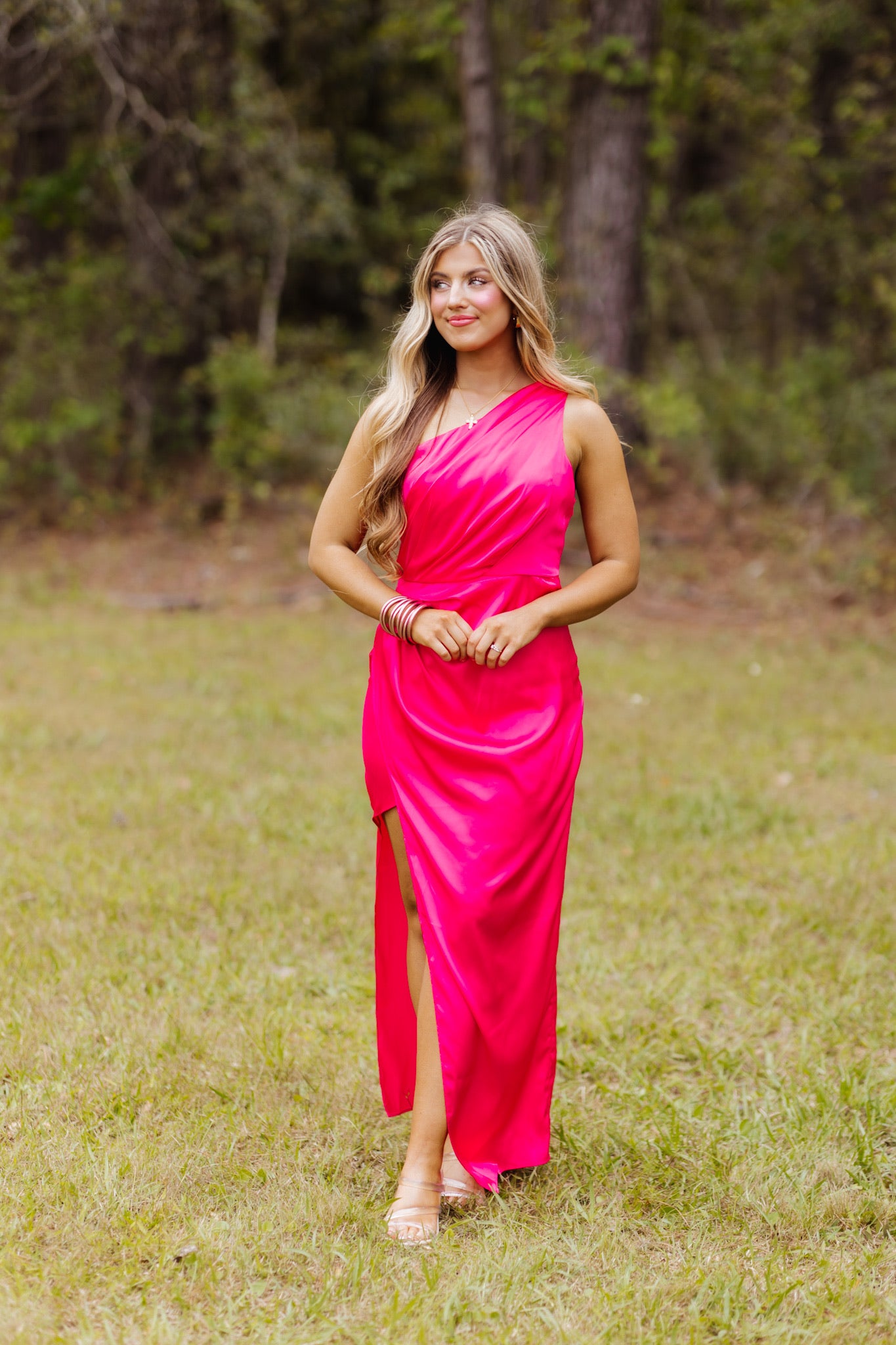 Bright Pink One Shoulder Side Slit Dress
