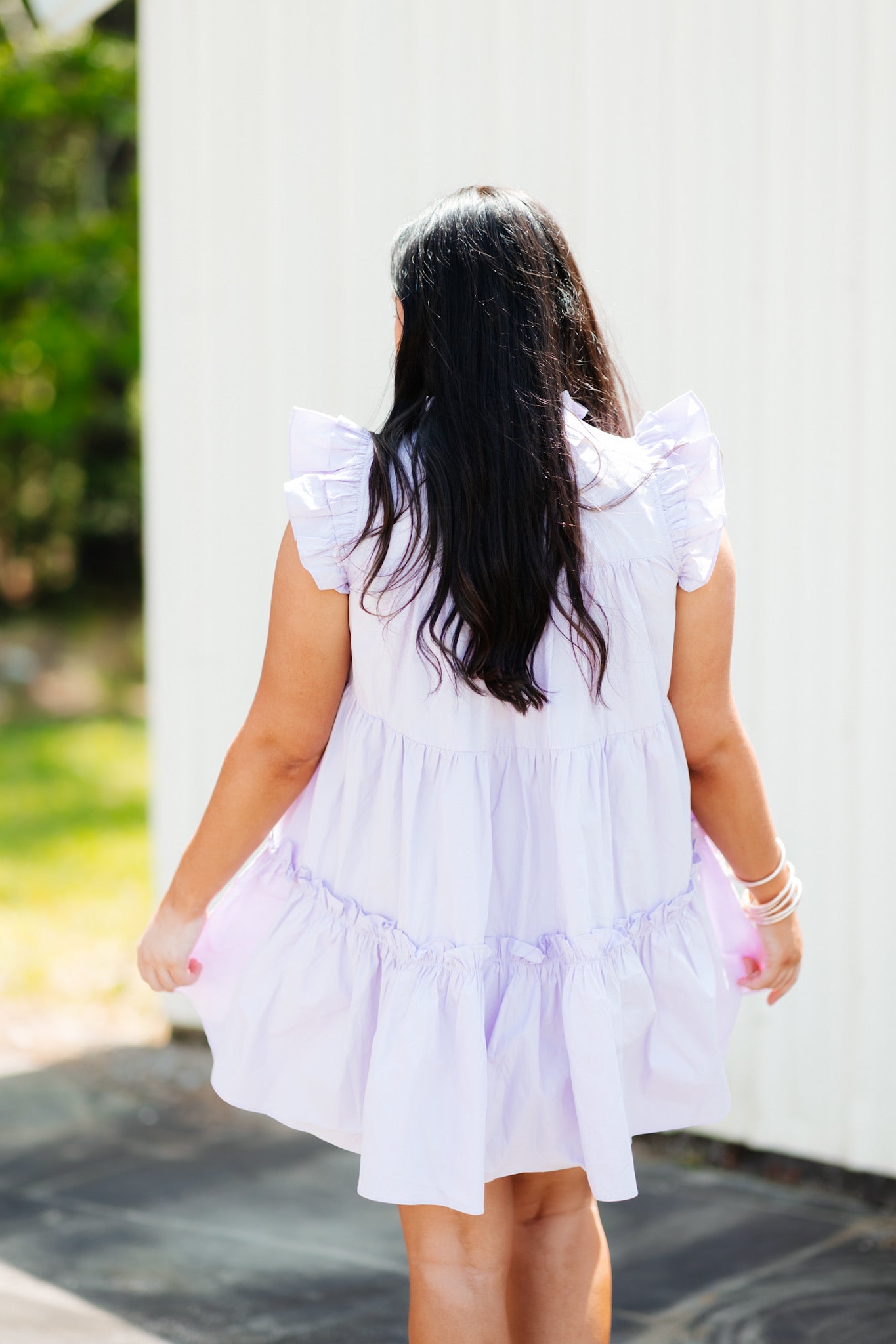 Soft Lilac Poplin Ruffle Sleeve Tiered Dress