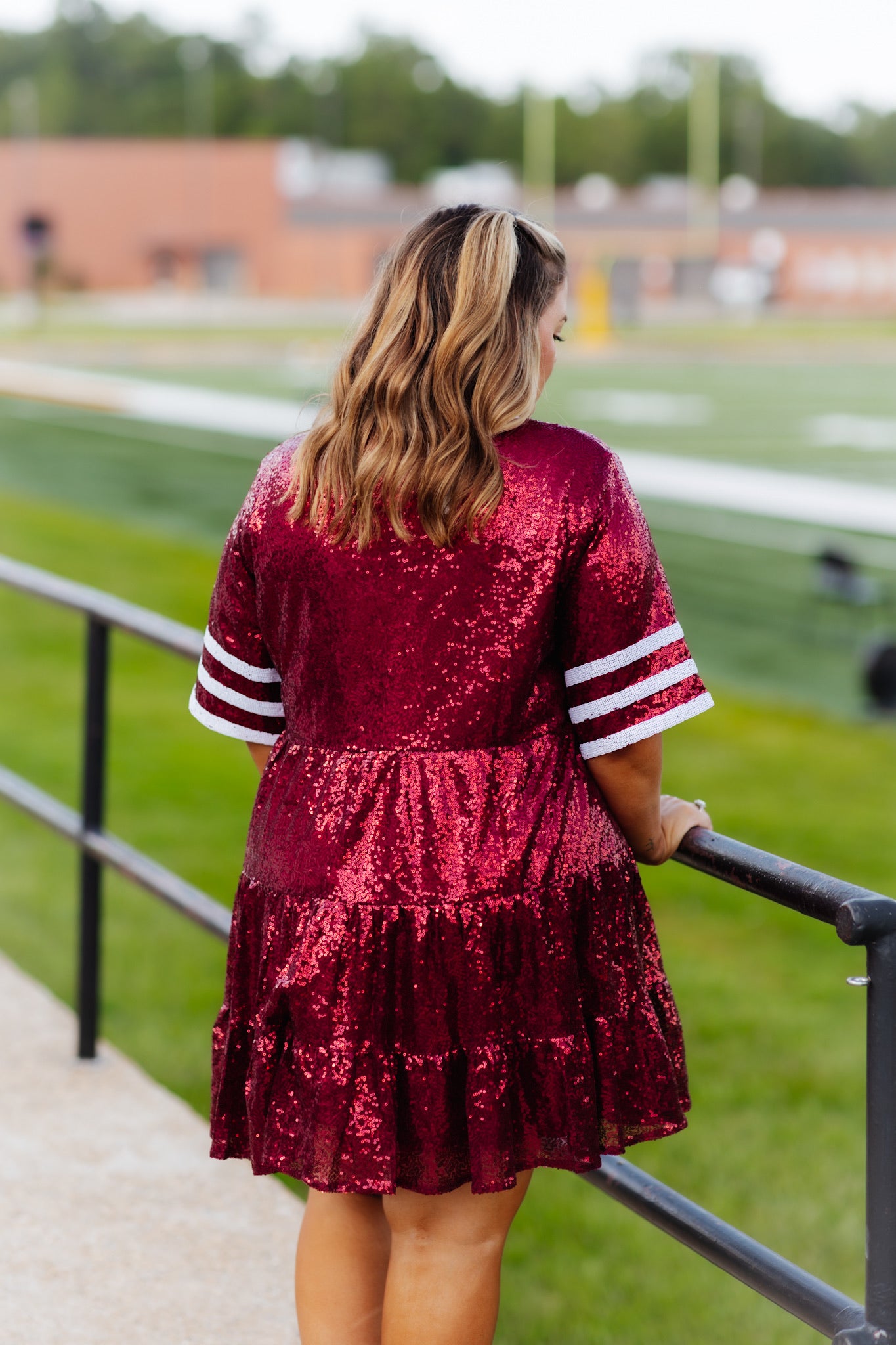 Crimson and White Sequin Babydoll Jersey Dress