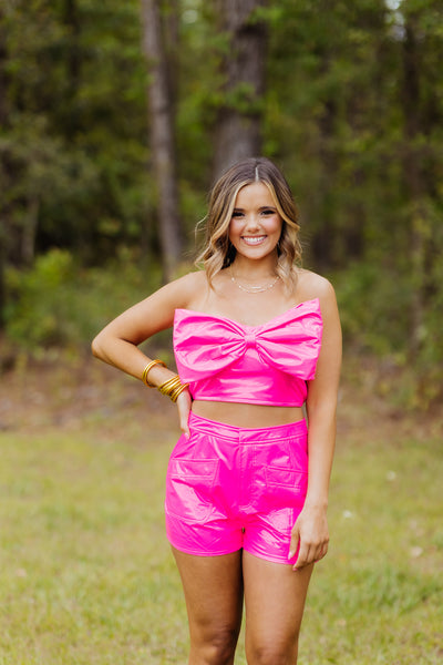 Hot Pink Strapless Faux Leather Bow Top and Short Set