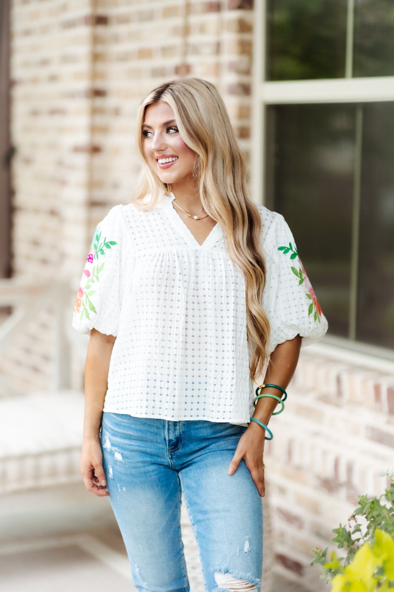 White Embroidered Puff Sleeve Top