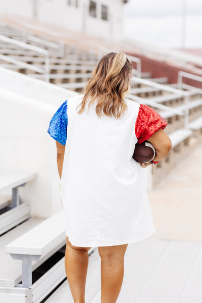 White Red and Blue Gameday Sequin Patch Dress