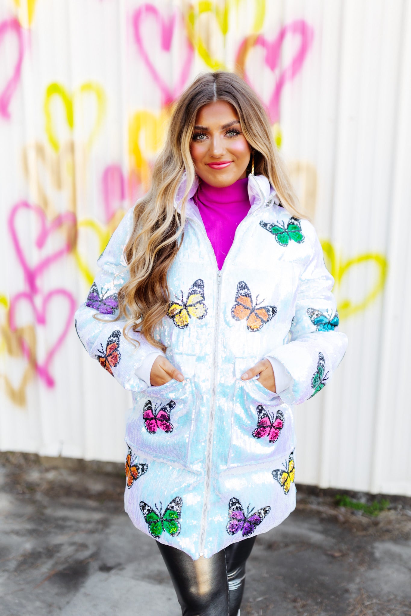 Queen Of Sparkles White Oversized Sequin Butterfly Puffer