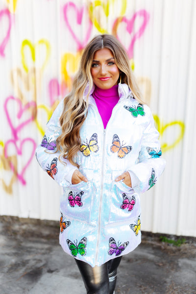 Queen Of Sparkles White Oversized Sequin Butterfly Puffer