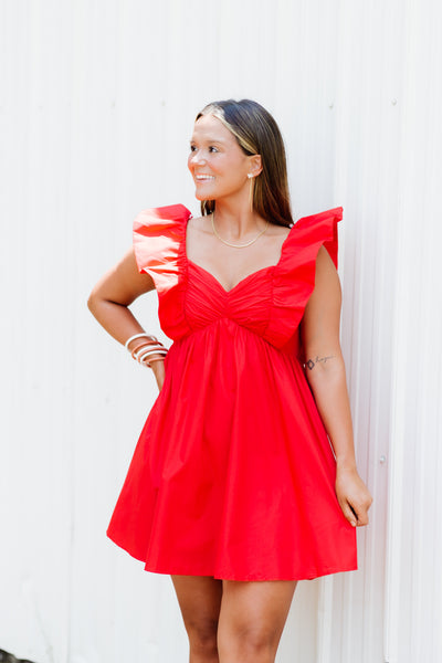 Red Ruffle Ruched Front Babydoll Dress