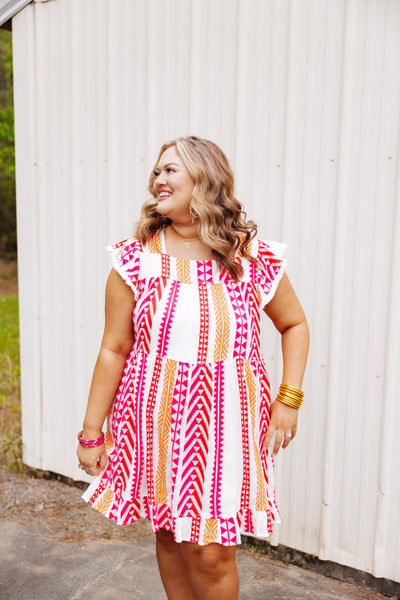 Tangerine and Pink Knit Patterned Ruffle Dress