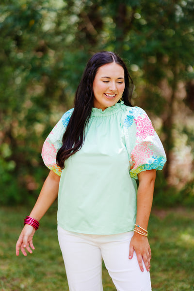 Mint Embroidered Balloon Sleeve Top