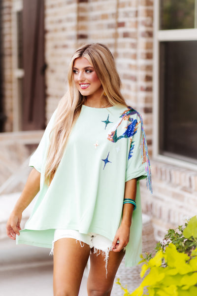 Mint Sequin Horse and Fringe Tee