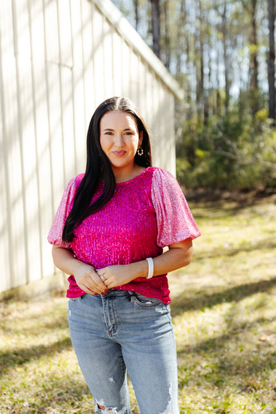 Fuchsia and Pink Sequin Colorblock Blouse