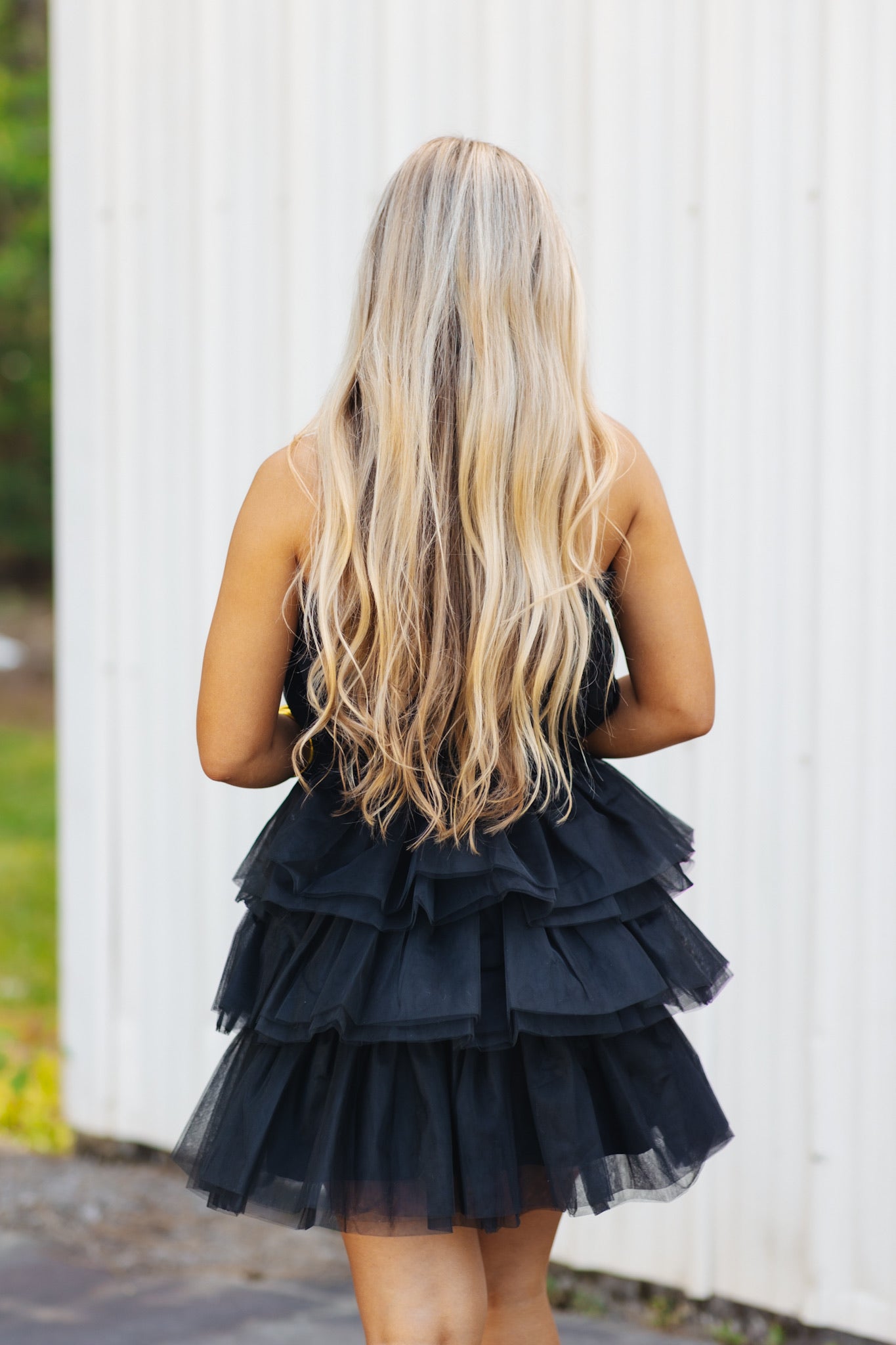 Black Tulle Strapless Tiered Dress