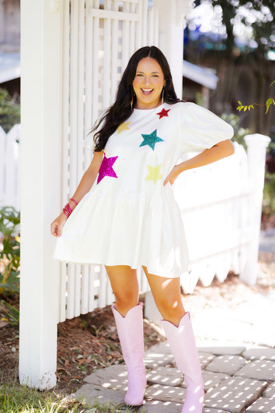 Pearlescent Multi Sequin Star Patch Mini Dress