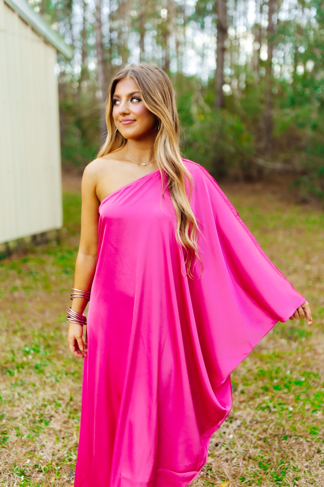 Hot Pink Drape Sleeve One Shoulder Midi Dress