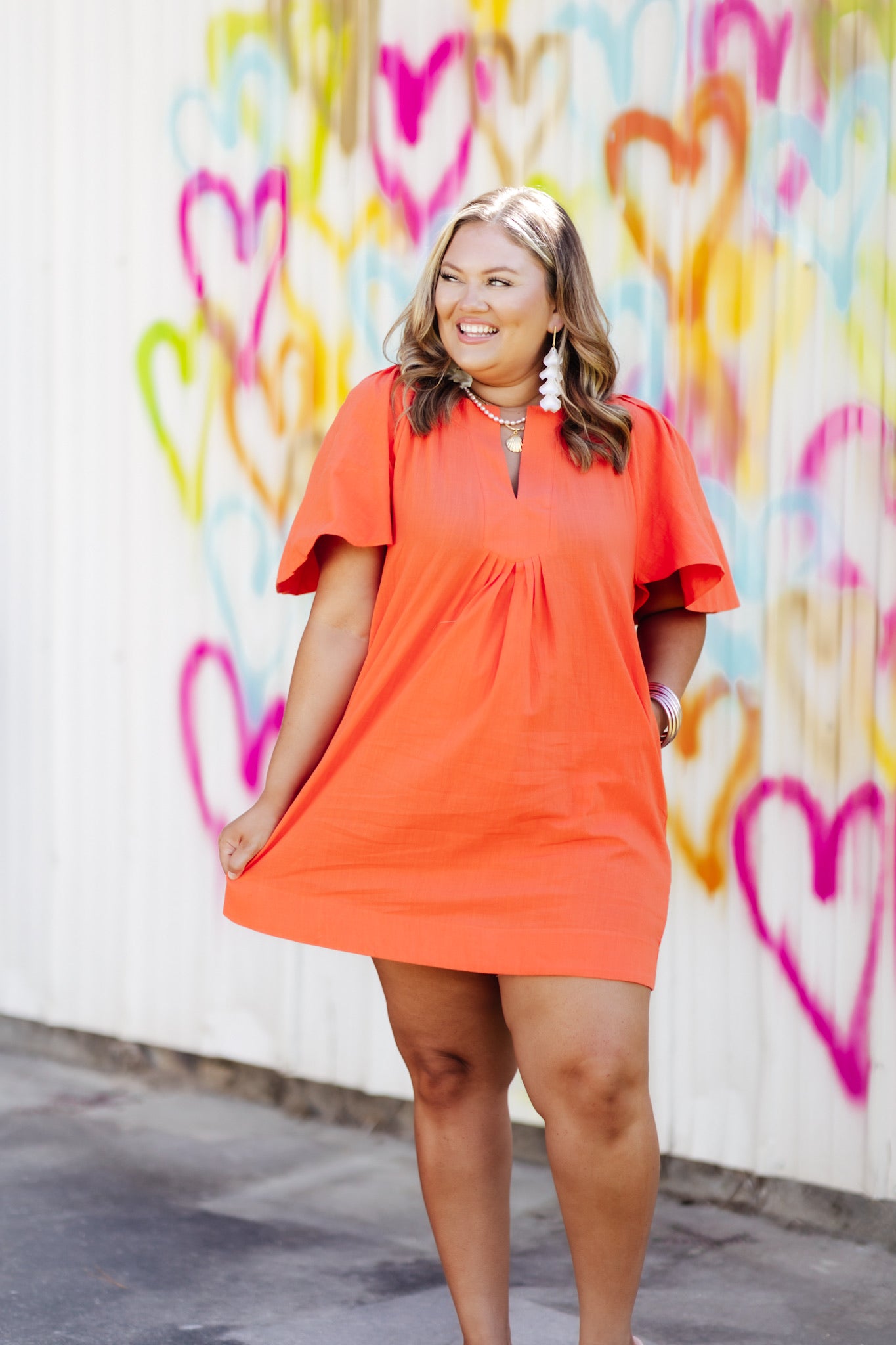Tangerine Notched Neck Pleated Dress
