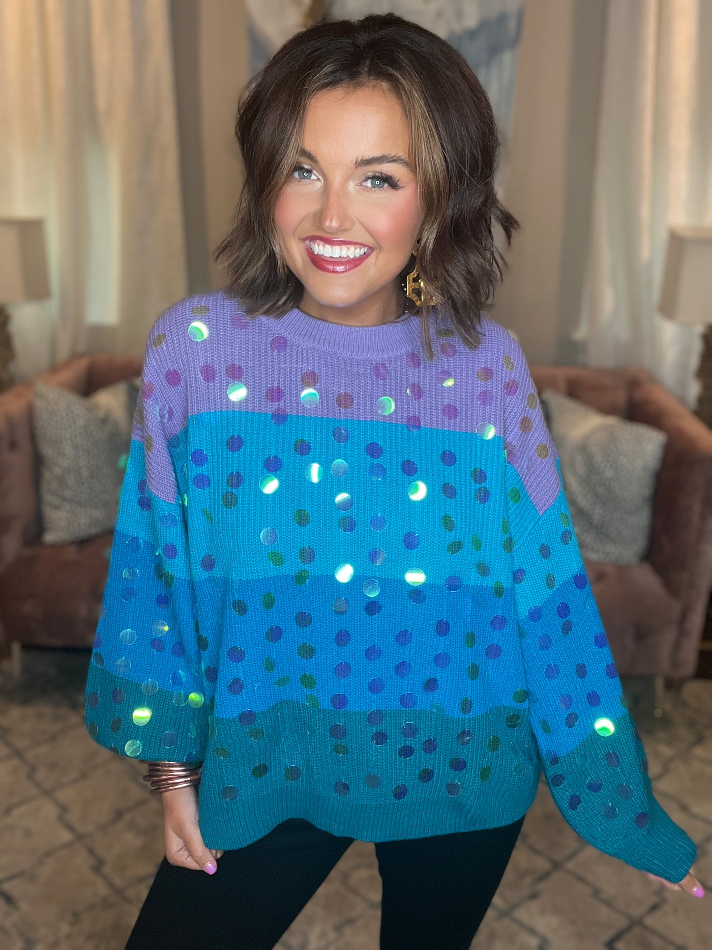 Blue Multi Sequin Colorblock Sweater