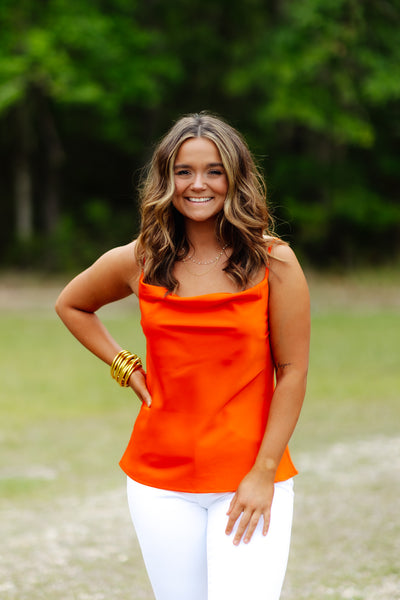 Orange Satin Cowl Neck Tank