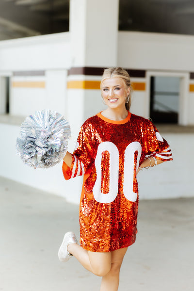 Orange and White Sequin Heart Sleeve Jersey Dress