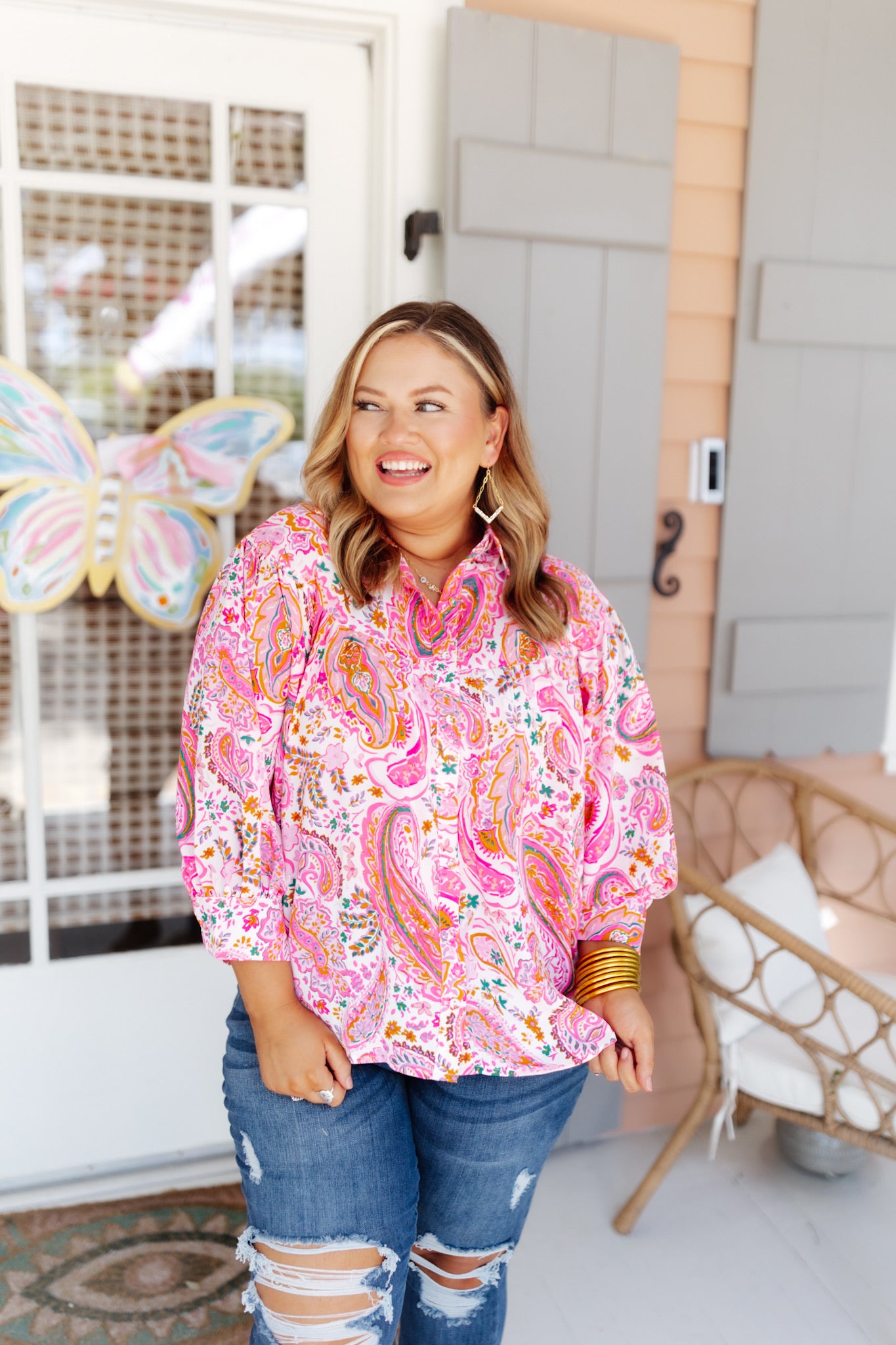 Pink Paisley Collared Button Up Flowy Blouse