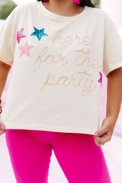 Cream Here For The Party Embellished Knit Tee
