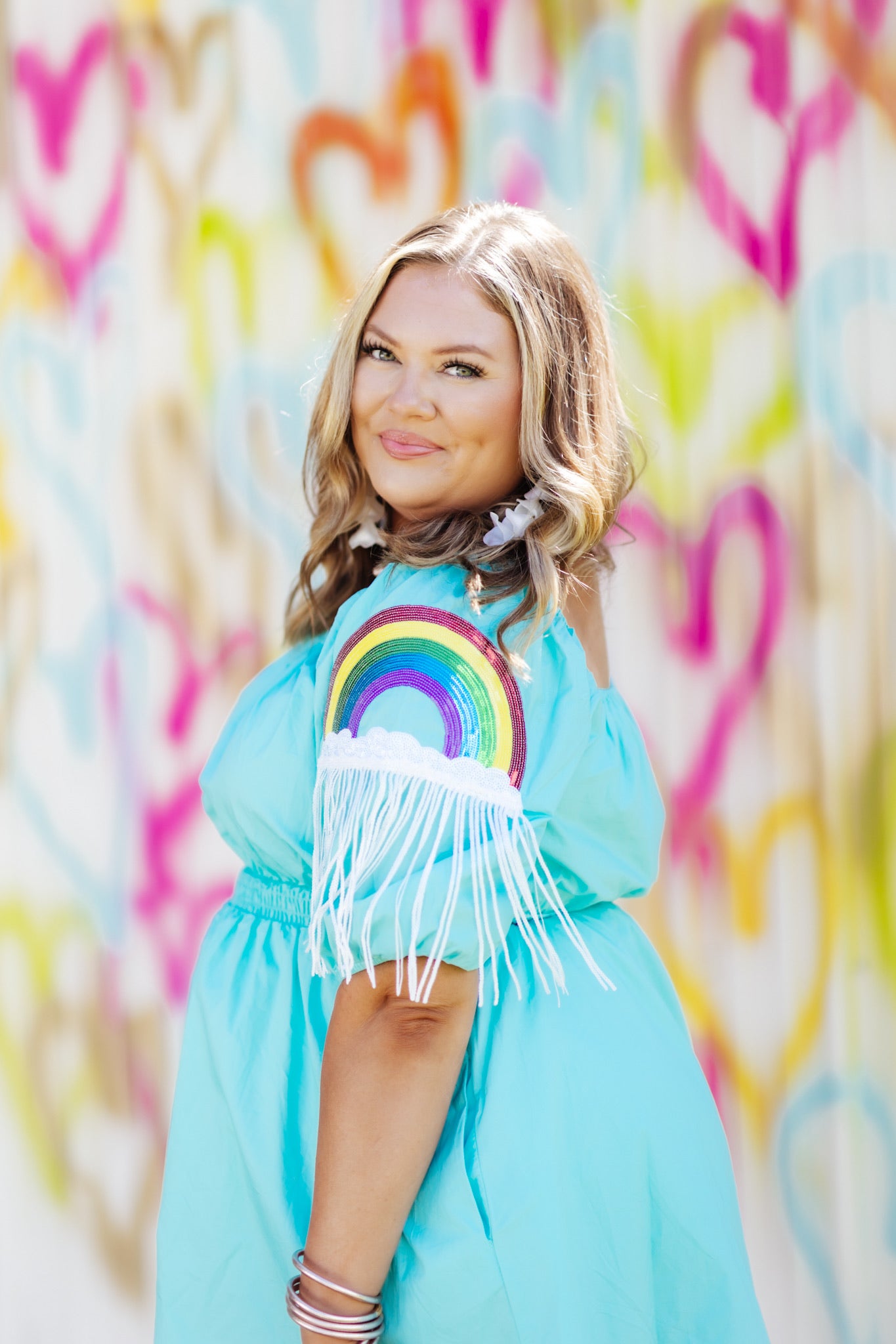 Sky Blue Sequin Fringed Rainbow Patch Skater Dress