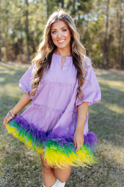 Queen of Sparkles Lavender Mardi Gras Feather Bottom Dress