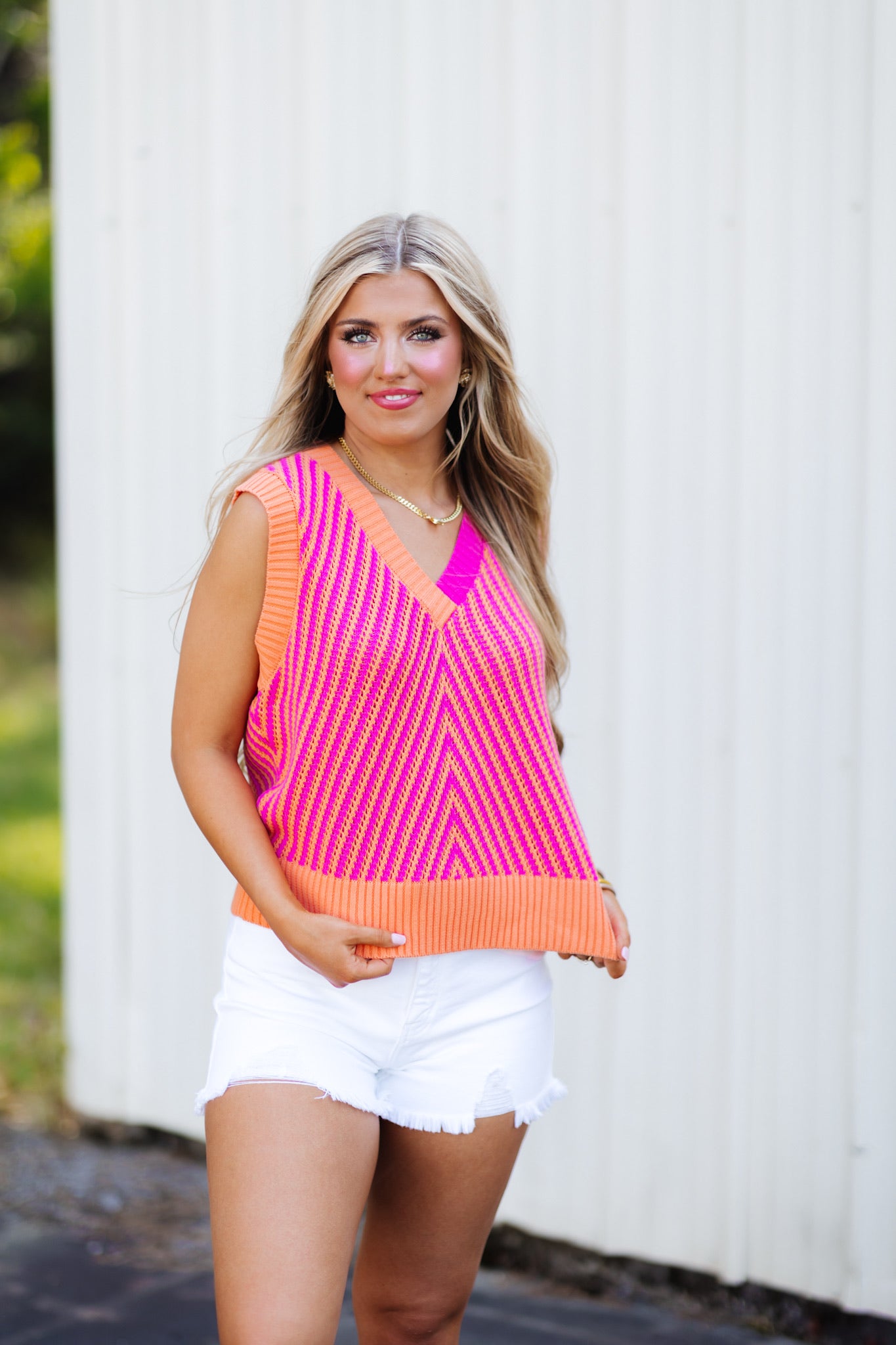 Hot Pink and Tangerine Colorblock Knit Top