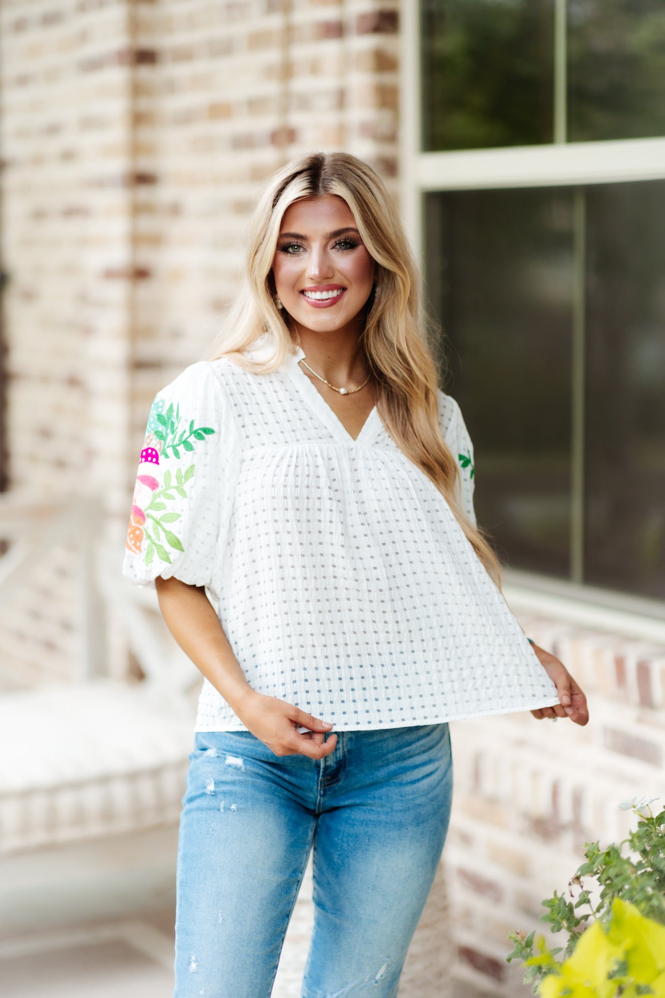 White Embroidered Puff Sleeve Top