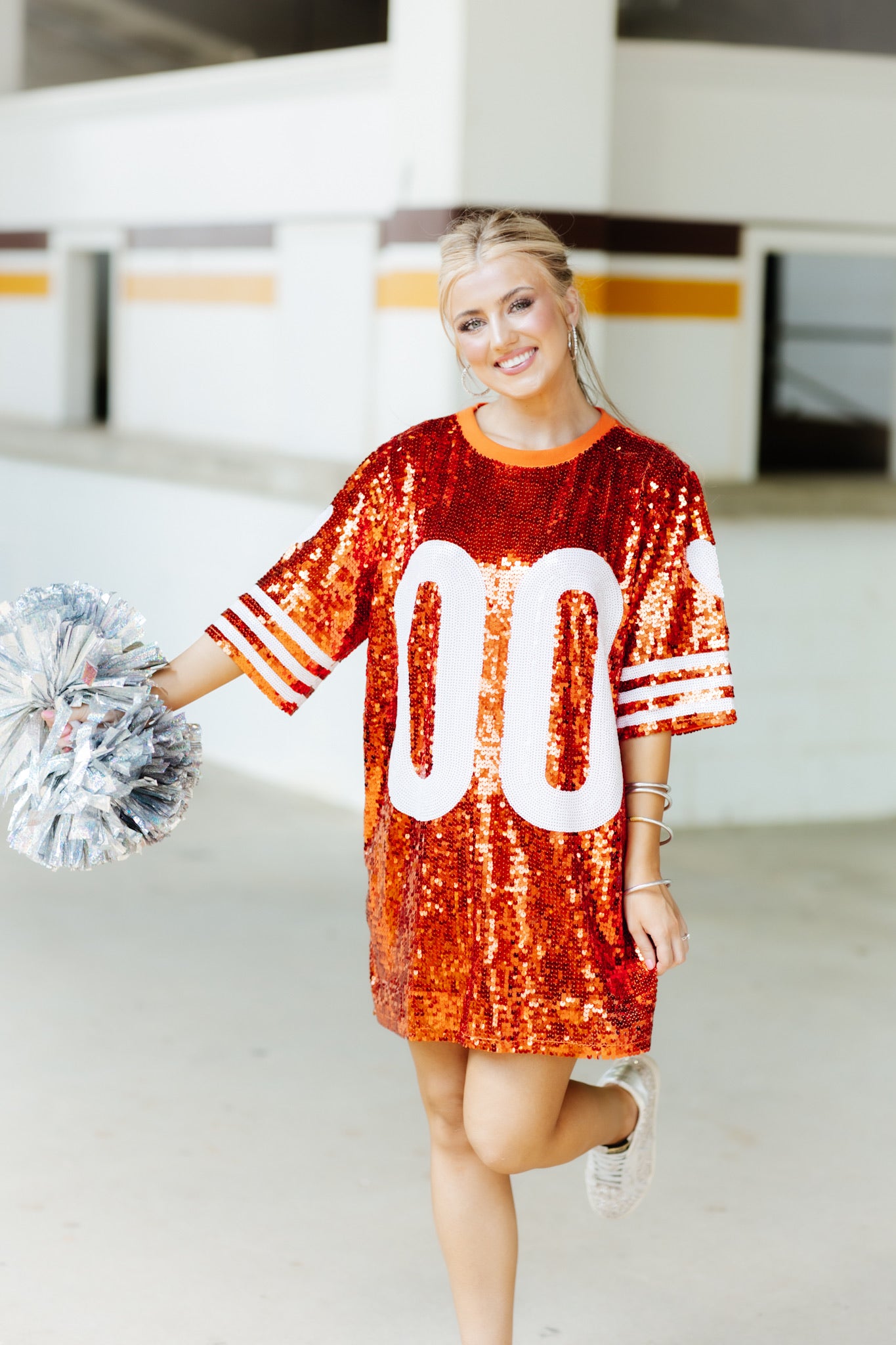 Orange and White Sequin Heart Sleeve Jersey Dress