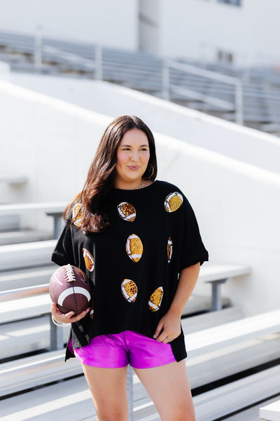 Black Oversized Game Day Sequin Gold Football Tee