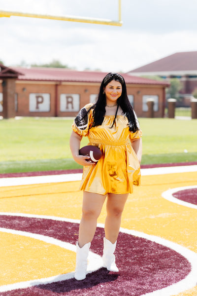 Gold Metallic Game Day Ball & Helmet Sequin Patch Dress