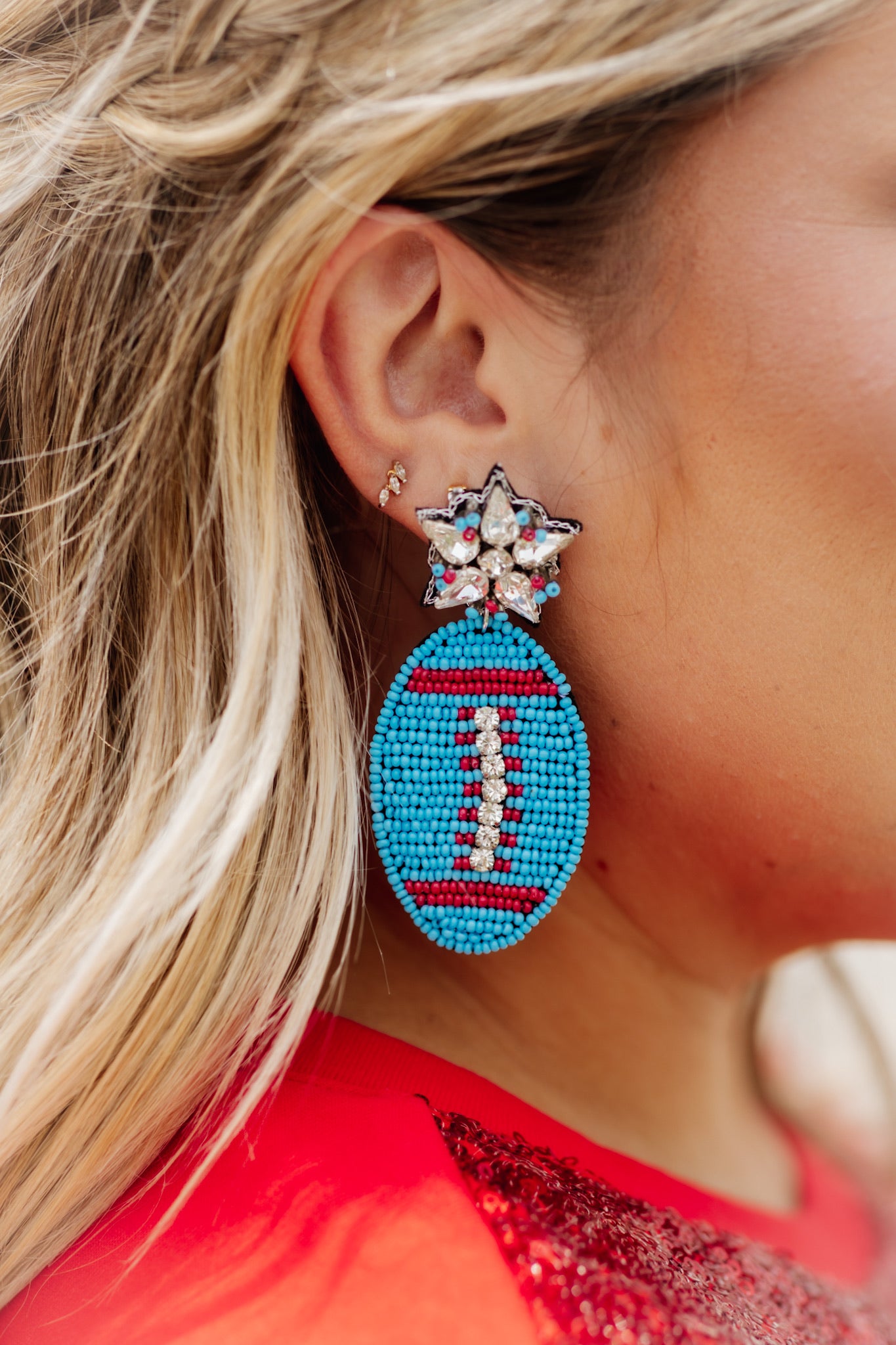 Blue and Red Football Beaded Drop Earrings