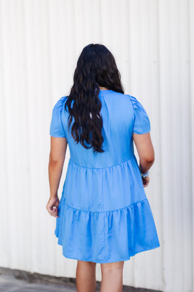 Crystal Blue Notch Neck Tiered Dress