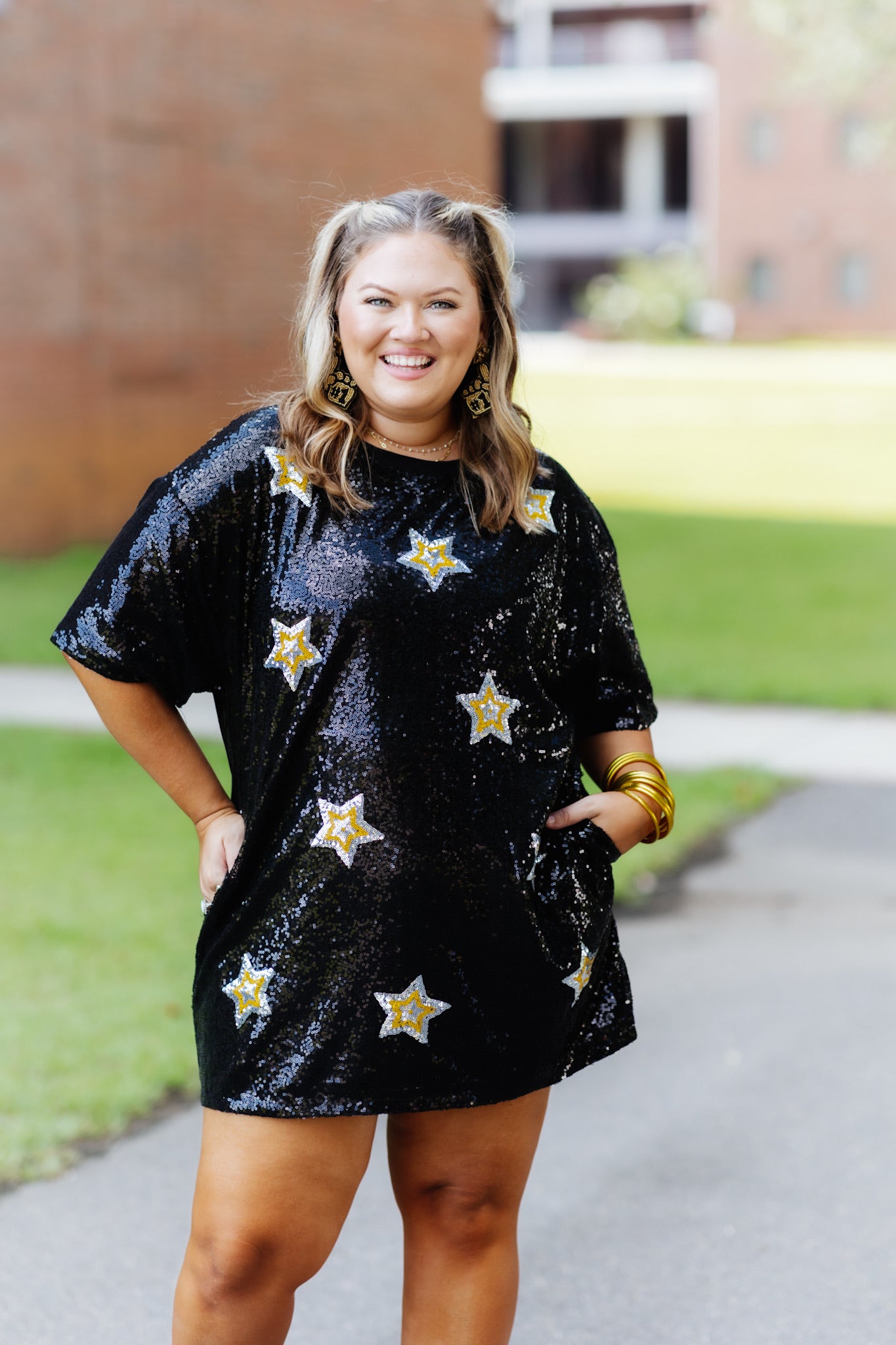 Black and Gold Starry Sequin Shirt Dress