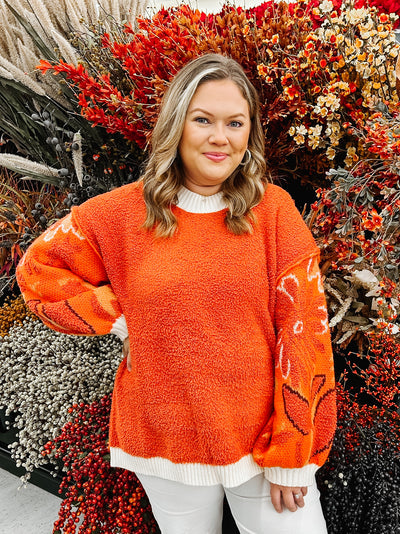 Pumpkin Orange Berber Floral Knit Sweater