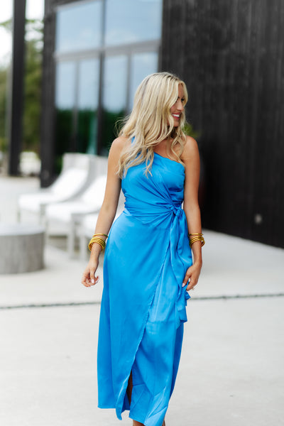 French Blue Satin One Shoulder Wrap Maxi Dress
