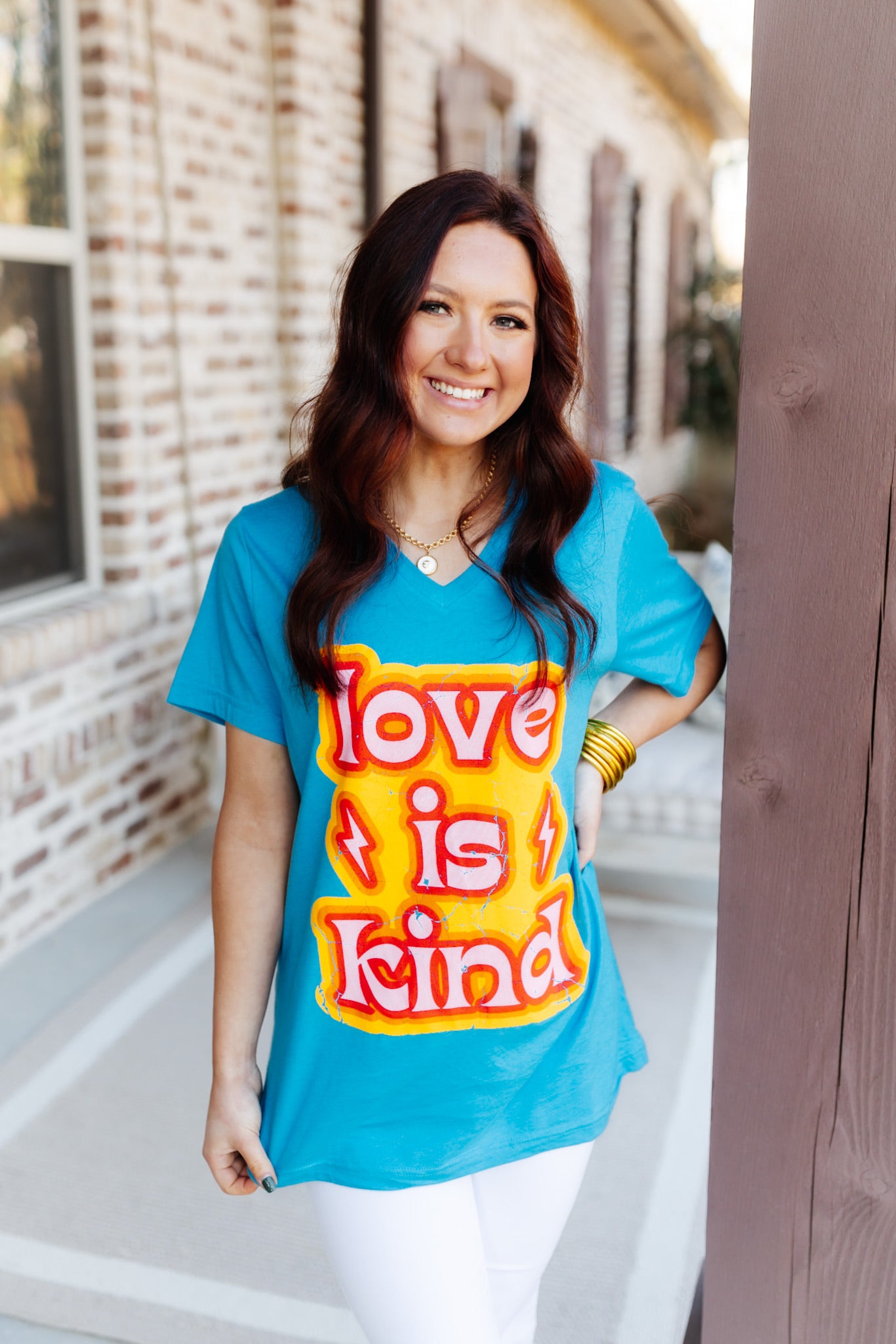 Bright Blue V-Neck Love is Kind Graphic Tee