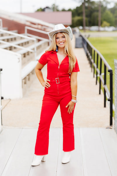 Red Zip Front Belted Jumpsuit