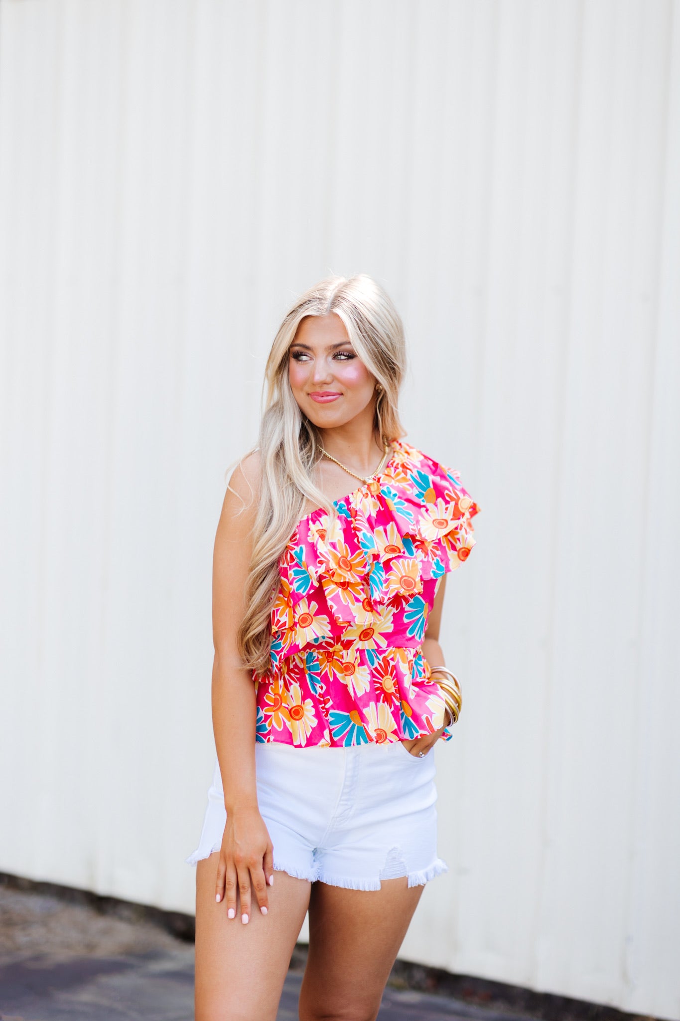 Coral Floral One Shoulder Ruffle Blouse
