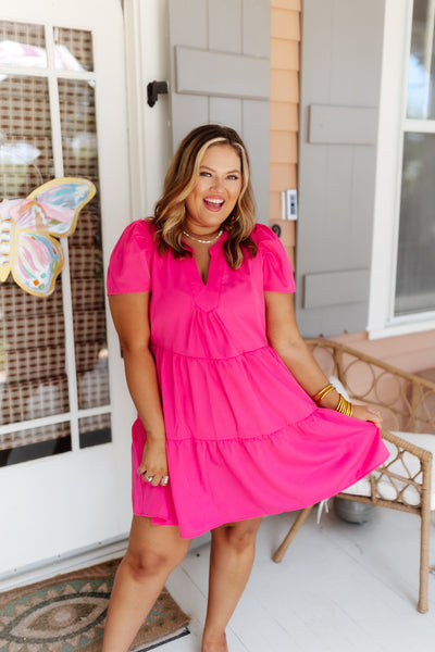 Hot Pink Notch Neck Tiered Dress