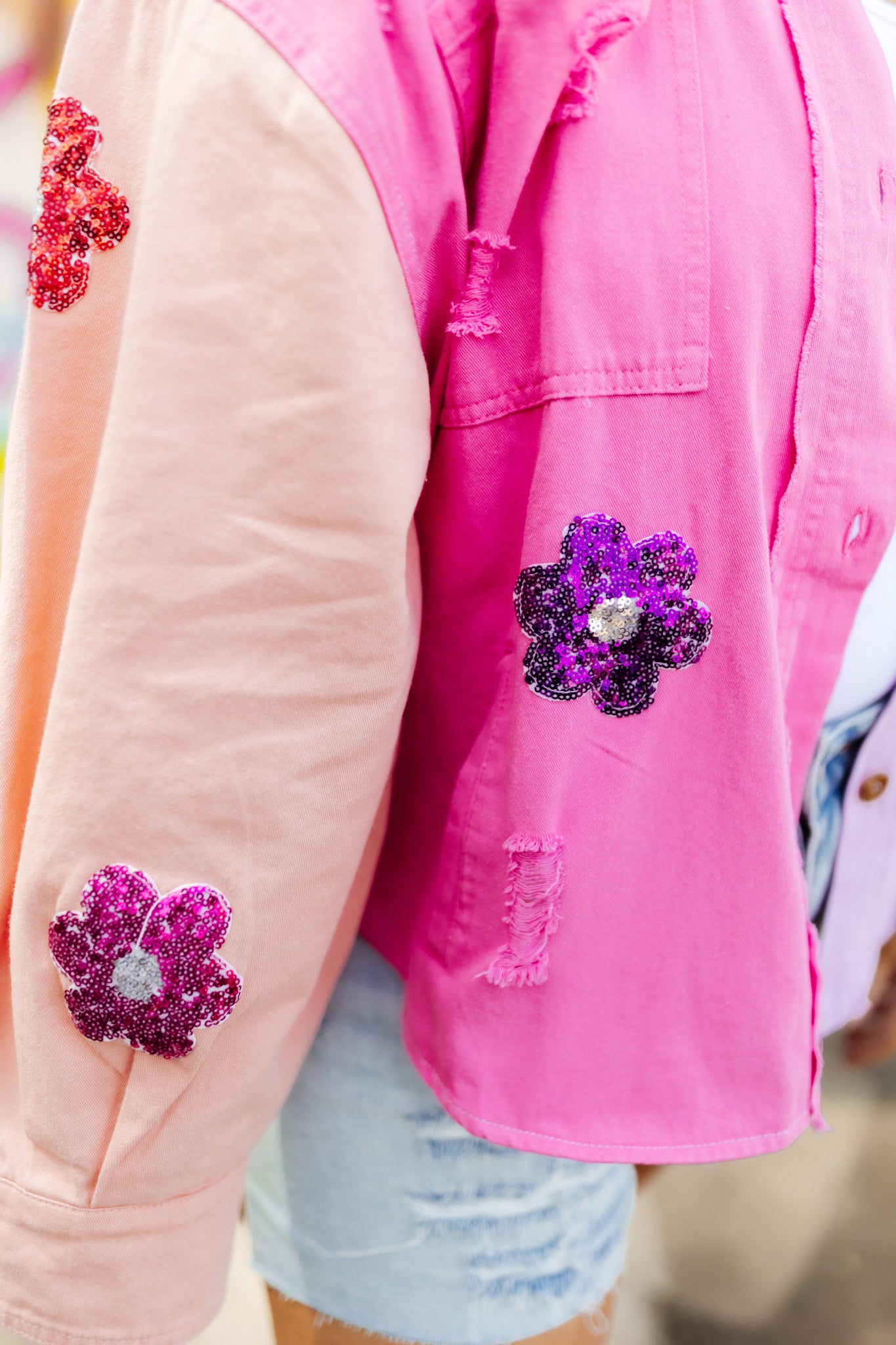 Pink Colorblock Mix Sequin Flower Shacket