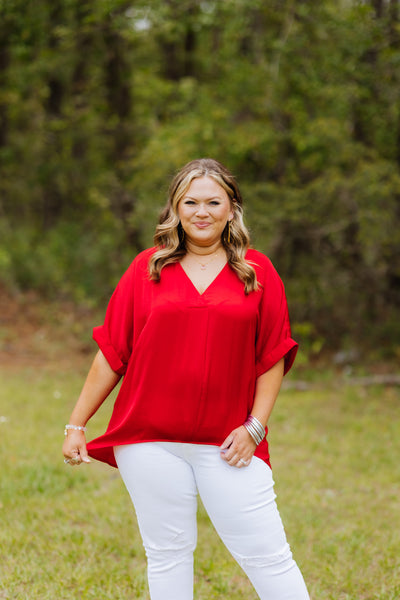 Red Pleated V-Neck High Low Blouse