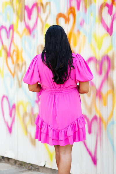 Pink Bubble Sleeve Drawstring Dress