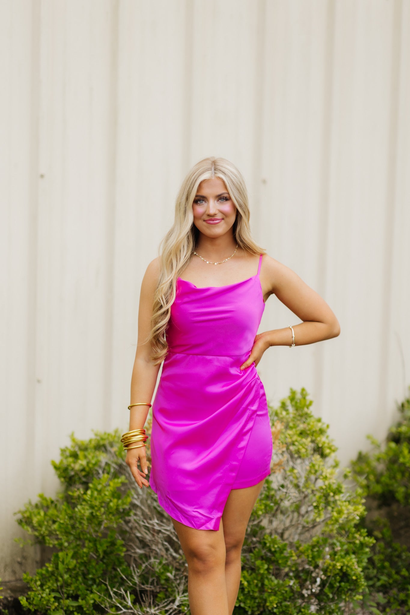 Magenta Cowl Neck Asymmetric Ruched Side Dress