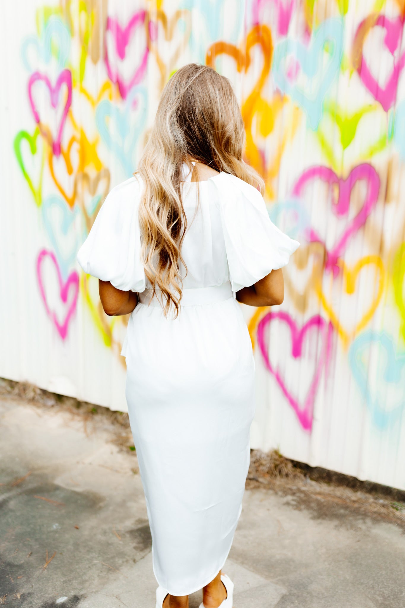 Off White Satin Bubble Sleeve Belted Surplice Dress